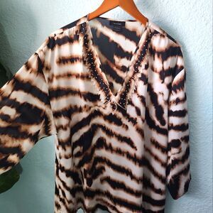 Natori swim cover dress tunic side pockets relaxed fit bead detail neckline